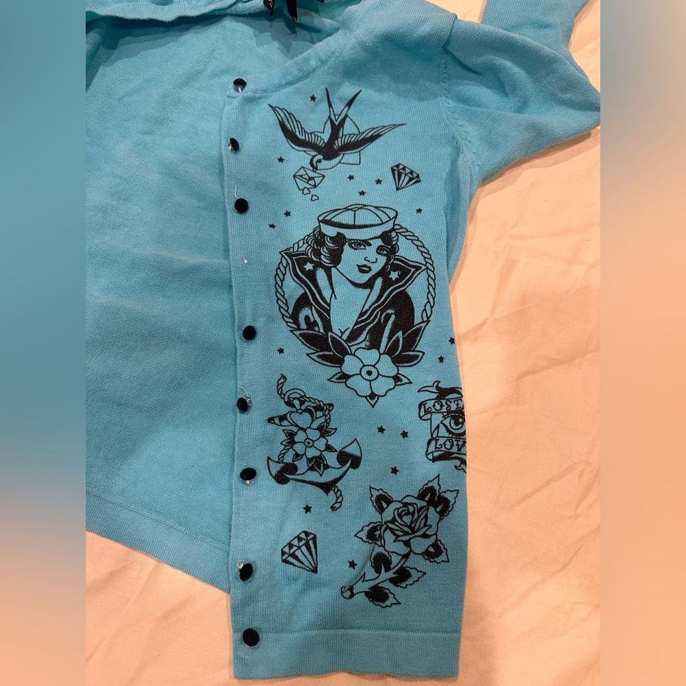 Sourpuss Turquoise Blue Graphic Button-Up Cardigan - Picture 7 of 14